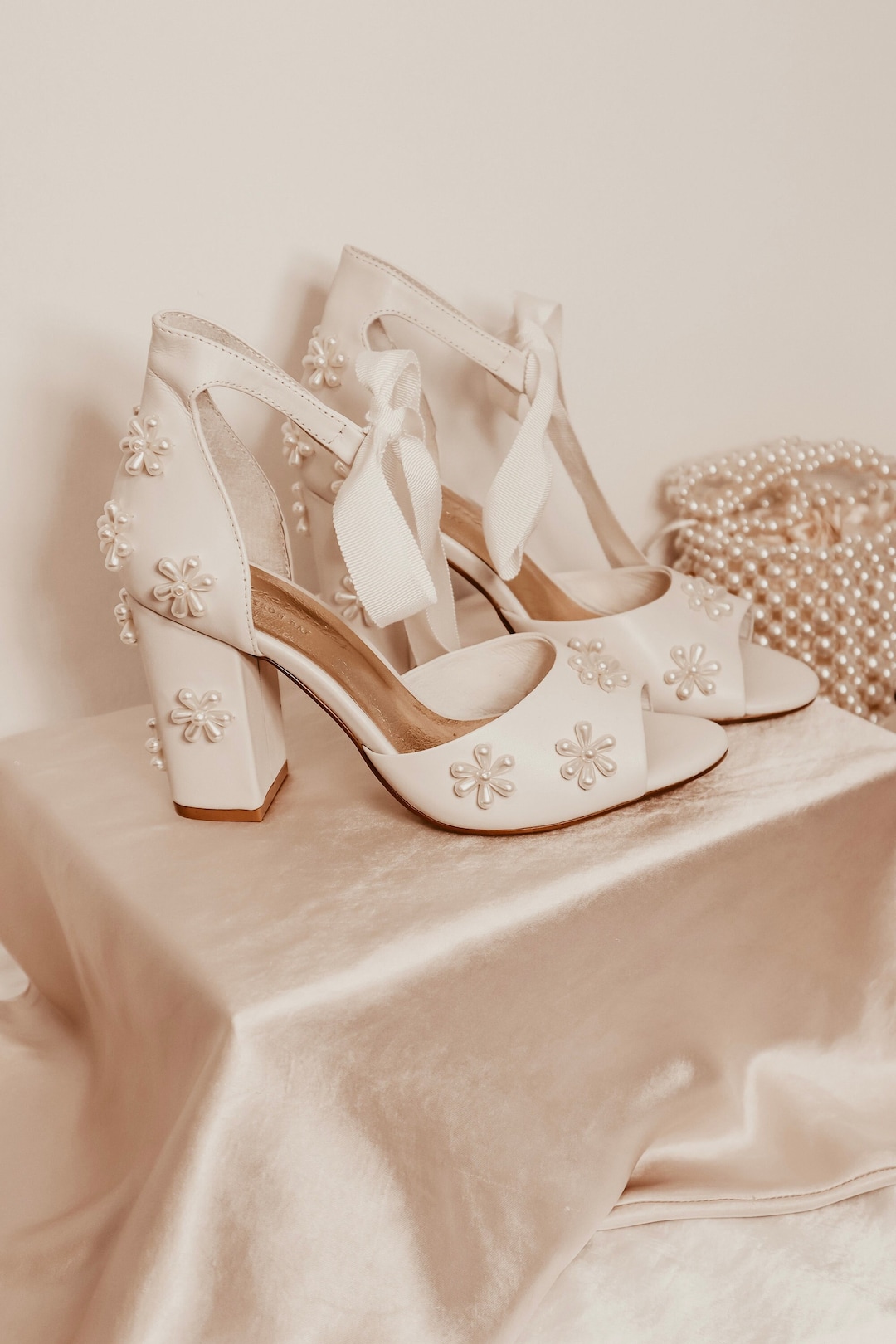 Pearl Flower Bridal Shoes, Pearl Wedding Shoes With Ribbon Ties, Pearl Peep  Toes, Beaded Pearl Shoes, Block Heel Shoes, Ivory Wedding Heels 