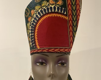 Reversible Dashiki Head Wrap: Green & Burgundy African Kufi, Optional Earrings