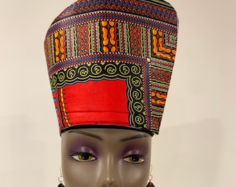 Reversible Black & Red DASHIKI ANGELINA (Makenzi) Hat Head Dress African Crown Kufi, Optional Matching Tear Drop Earrings