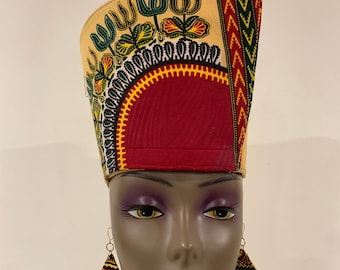 Reversible Ivory & Burgundy DASHIKI ANGELINA (Makenzi) Hat Head Dress African Crown Kufi, Optional Matching Tear Drop Earrings