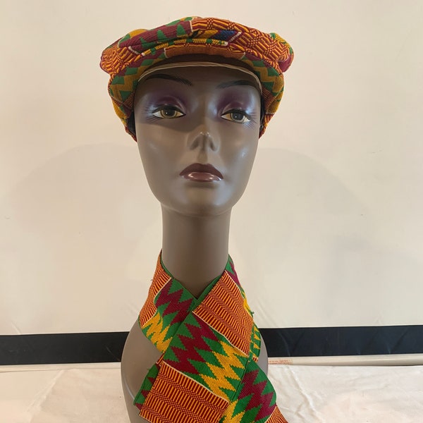 Unisex Authentic Gold Woven Ghana Kente Kangol Hat with Matching Scarf Combo