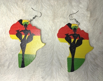 Afrocentric Africa Map Wood Earrings, Woman Silhouette