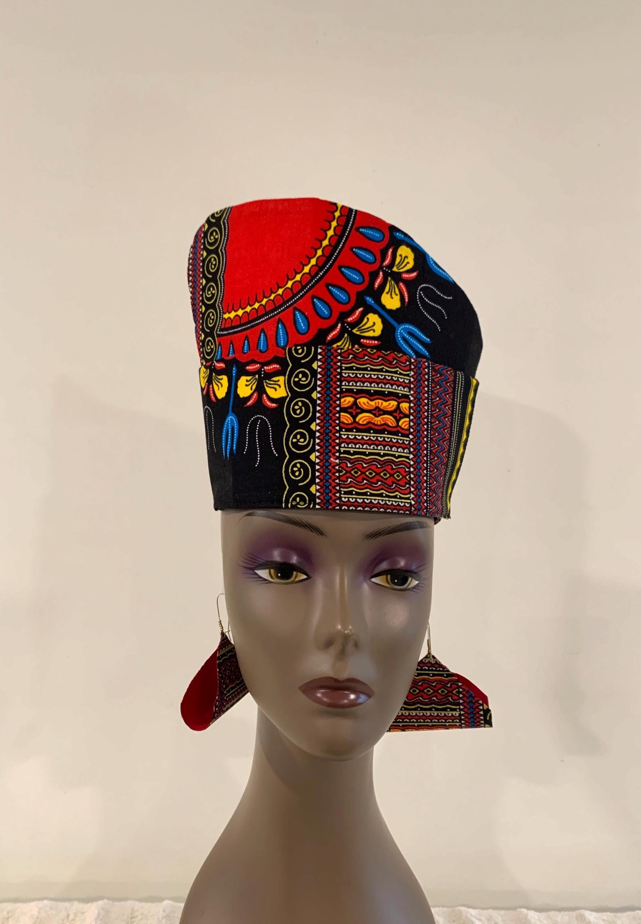 Reversible Black & Red DASHIKI ANGELINA (makenzi) Hat Head Dress
