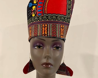 Reversible Black & Red DASHIKI ANGELINA (Makenzi) Hat Head Dress African Crown Kufi, Optional Matching Bag Earrings