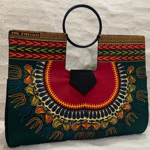 Bolso de mano DASHIKI ANGELINA (Makenzi) grande, de cuerpo rígido de dos lados, color burdeos y verde