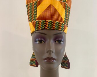 Reversible Kente Hat Head Dress African Crown Kufi, Optional Matching Hand Bag Earrings