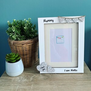 Personalised Wooden Photo Frame 6"x4" 8"x6" White + Grey Hearts and Bunting Detail. Mummy, Daddy, Dad, Mum, Grandparents, Nanny, Grandad