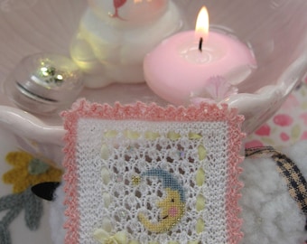 dollhouse small pram /crib blanket man in the moon petit point knitted  12th scale miniature