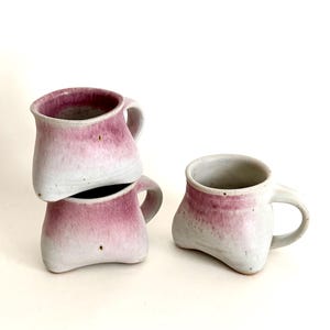 Satin Matte White with Pink Flush Triangular Demitasse Cup Set, handmade in Brooklyn. 3” x 3” (4” including handle) x 2.5(H)”