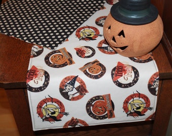 Retro Halloween Table Runner, 42" Cotton Bewitched Decor, Reversible