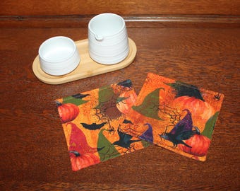 Halloween Fabric Coasters - Witch's Hat & Orange Polka Dot Mug Rugs (Set of 2)