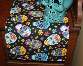 Sugar Skull Table Runner, Halloween Decor, 42", Cotton, Reversible