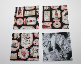 Reversible Halloween Fabric Coasters: Graveyard & Magic Potion, Set of 4