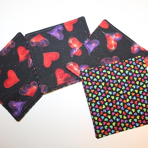 Reversible Heart Fabric Coasters: Red Purple & Rainbow Hearts