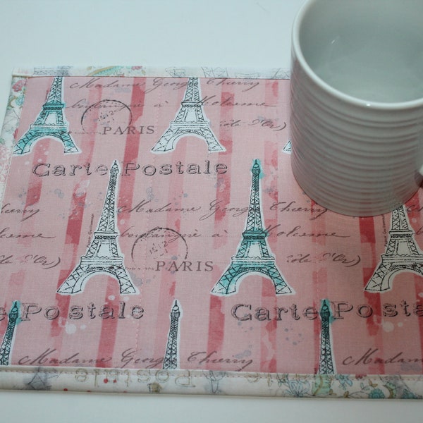 Paris Snack Mat, Reversible Pink Paris Snack Mat, Eiffel Tower Snack Mat, Large Paris Mug Rug, Large Eiffel Tower Mug Rug, Quilted Snack Mat