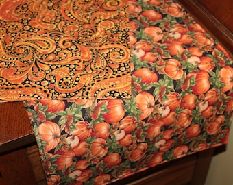 Fall Table Runner:  Reversible, Pumpkins, Paisley