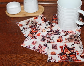 Halloween Mug Rugs, Set of 2 or 4, Halloween Scene Coasters, Spider Mug Rugs