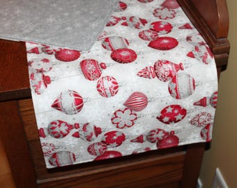 Christmas Table Runner, 42" Reversible Red and Silver Christmas Ornament Table Runner, Red and Silver Christmas Decor, Christmas Ornaments