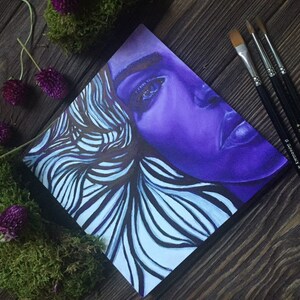 Violet delights - dark goddess woman priestess original oil painting purple goth portrait low brow imaginative fantasy art witch hair