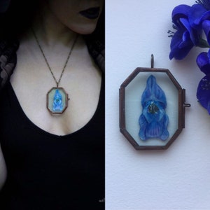 Aconite Necklace - oil painting OOAK on glass frame pendant pressed flower witchy goth poison deadly fairy magic halloween garden botanical