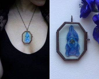 Aconite Necklace - oil painting OOAK on glass frame pendant pressed flower witchy goth poison deadly fairy magic halloween garden botanical