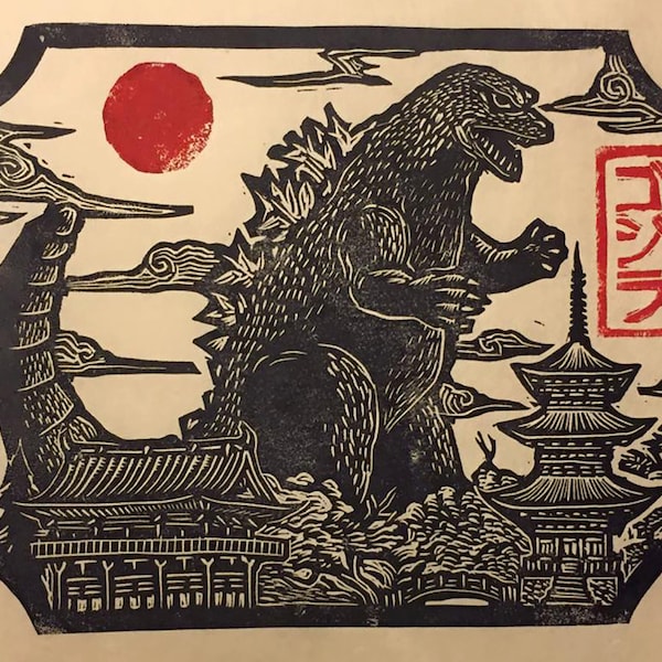 Godzilla in Japan Linocut