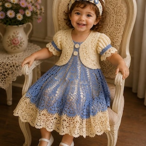 Puede incluir: Un vestido de ganchillo con cuerpo y falda azules con un dobladillo de encaje color crema, combinado con una chaqueta bolero de ganchillo color crema a juego, una diadema floral con detalles azules y crema, y zapatos blancos con lazos.