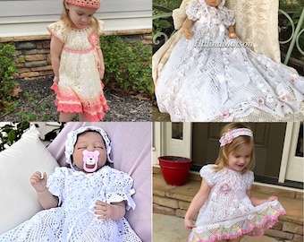 Heirloom collection, long christening gown, short christening dress, 2 summer dresses, crochet patterns, thread crochet, christening crochet