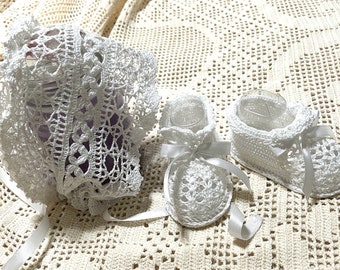 Hand crochet Jane bonnet and booties baby thread crochet christening accessories, bonnet and booties, christening, hand made bonnet, booties