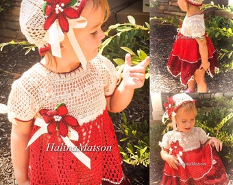 Hand crochet Christmas poinsettia dress with hat, baby crochet, thread crochet dress, xmas crochet, baby dress, toddler dress, holiday dress