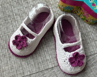 hand crochet Josie booties, toddler hand made summer booties, baby crochet booties, thread crochet toddler booties, white and purple booties