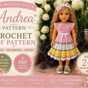 Puede incluir: Un patrón de ganchillo en PDF para un vestido, diadema y zapatos de muñeca de 24 meses. La muñeca lleva un vestido de capas rosa, blanco y amarillo con una diadema a juego y zapatos verdes con flores rosas. Incluye instrucciones paso a paso.