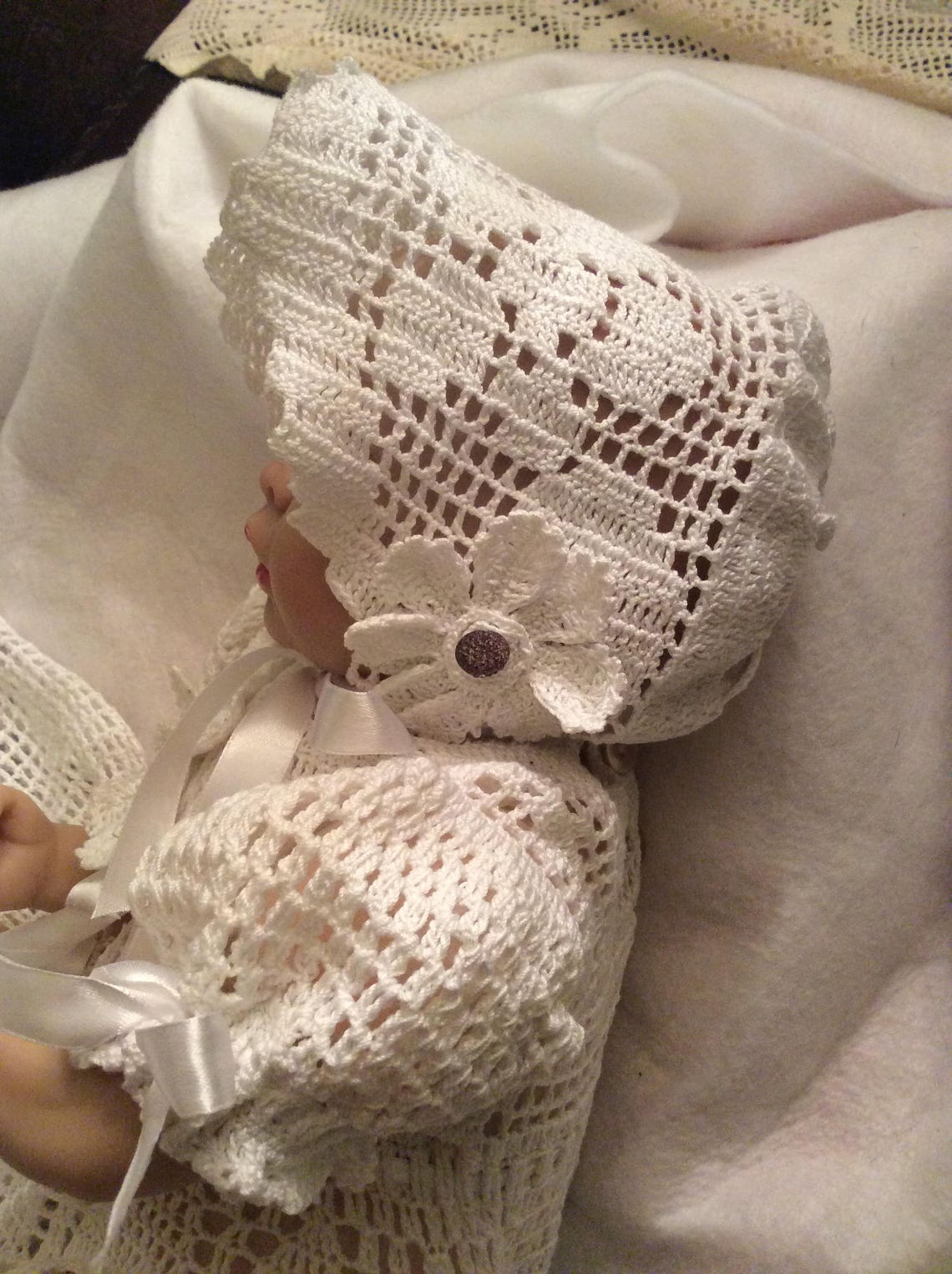 Filet Crochet Flower and Scroll Baby Christening Etsy