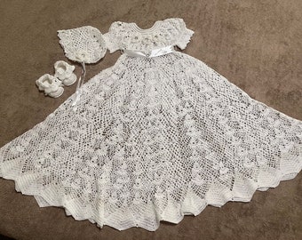 Hand crochet heirloom christening gown, bonnet and booties sized 3-12 months