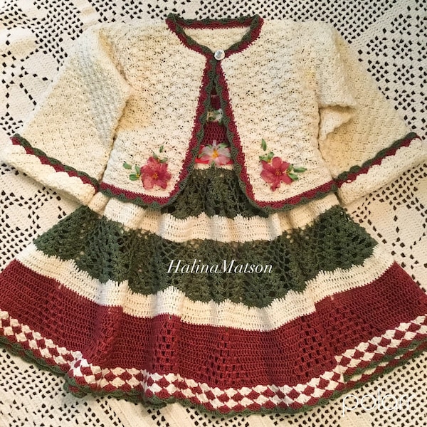 Crochet pattern for a christmas tree outfit, instant pdf download, consisting of dress, sweater and hat size 12-18 months