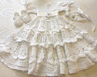 Hand crochet Jennie christening gown, headband and booties, handmade christening outfit. Thread crochet christening, baby dress, baptism,