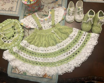 Hand crochet Olivia 18-24 months summer dress, beret hat and 2 sets of high top shoes