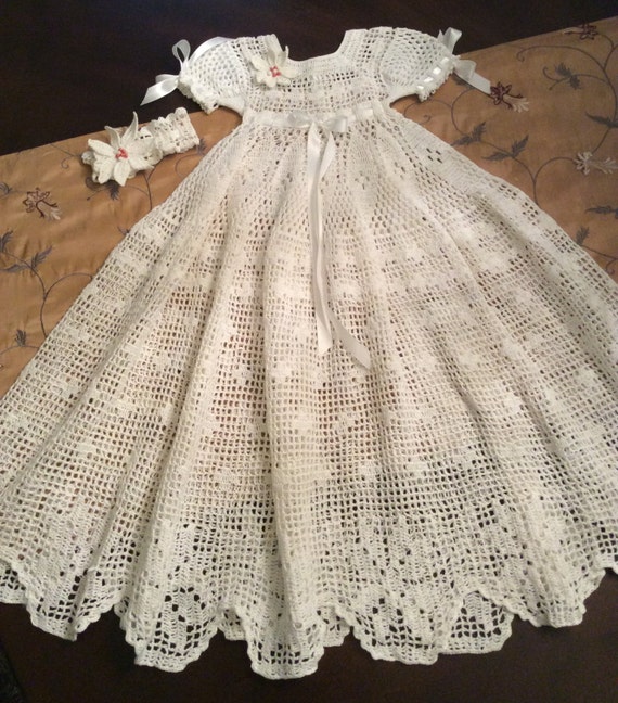 Filet crochet gown floral edge christening pattern infant | Etsy