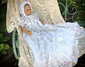 Heirloom Crochet Christening Gown Pattern, Baby Baptism Dress with Bonnet and Booties PDF