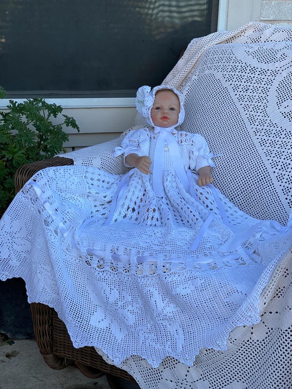 crochet blessing dress patterns Crochet Baptism Outfit Pattern: Ruffled Dress, Bonnet, Shoes (PDF Pattern)