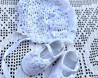 hand crochet Josie christening thread bonnet and booties, christening booties, christening bonnet, handmade booties and bonnet, baby crochet