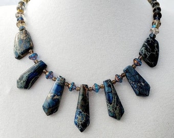 Blue Impression Jasper, Smoky Quartz & Czech Glass Collar Necklace