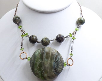 Circles, Circles - Chrome Diopside, Peridot & Lampwork Necklace with Rose Gold Magnetic Clasp, One Of A Kind, #N1745