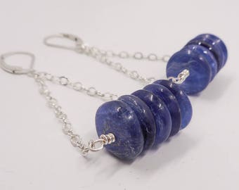 Smooth Kyanite & Sterling Silver Chain Earrings, Blue Gem Leverback Earrings, Blue Stone Earrings