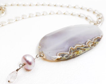 Agate, Pearl and Rose Quartz Pendant Necklace, One Of A Kind, OOAK Necklace, Grey Pink Necklace, Sterling Silver Necklace