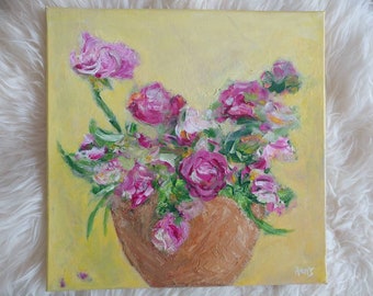 Pink Tea Roses Texture Painting - 15.5 x 15.5 Impressionism Fine Art - Flowers Painting On Canvas Wall Art - Garden Lover - Free Shipping