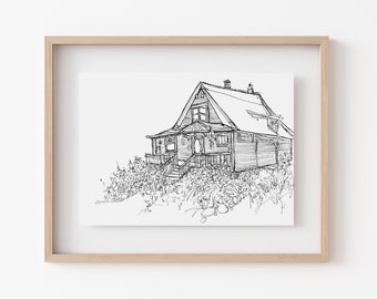 Vintage Old House Art | 5x7 Or 8x10 Ink Pen Illustration Print of Canada Edmonton Old House On Textured Watercolor Paper | House Poster