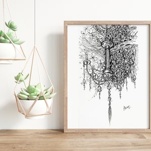 Chandelier Art Print | 5x7 Or 8x10 Ink Illustration Of Sparkling French Crystal Light On Textured Watercolor Paper | Fashion Poster