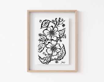 Cherry Blossom Flowers Art, 5x7 Or 8x10 Black Ink Pen Illustrated Print of Minimalist Floral On Textured Watercolor Paper | Botanical Poster