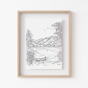 Maligne Lake Jasper National Park 5x7 Or 8x10 Line Ink Illustrated Print of Canadian Rockies On Textured Watercolor Paper Travel Poster 5 x 7 inches